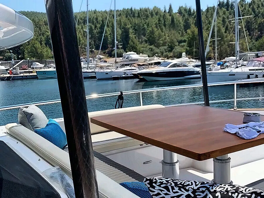 Cockpit table overlooking the marina